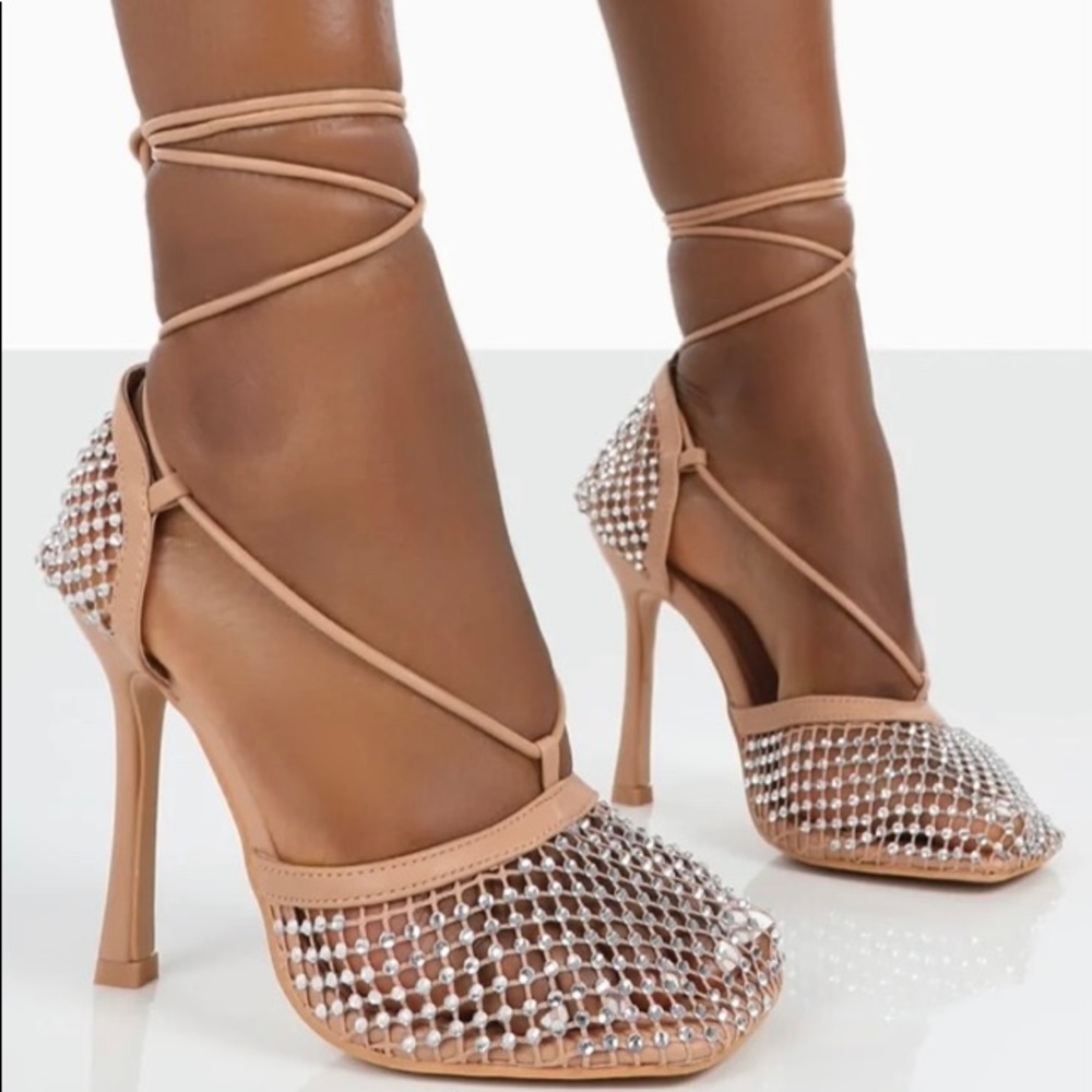 Ego Diamante Lace up Square Toe Heels